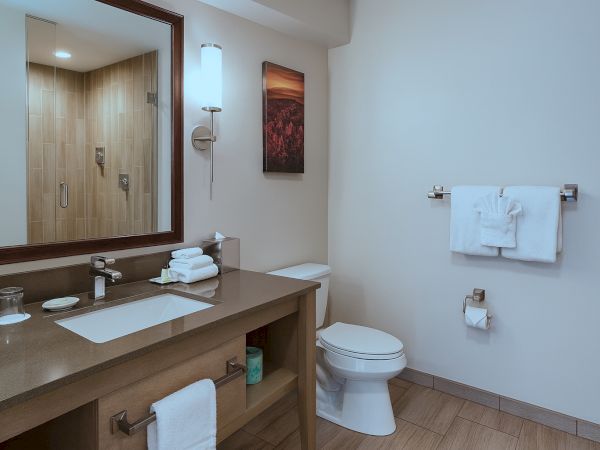 A modern bathroom with a wooden vanity, large mirror, sink, soap, folded towels, a toilet, and a towel rack on the wall.