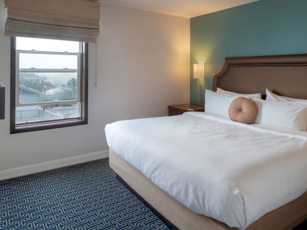 A clean hotel room with a large bed, teal accent wall, built-in headboard, a window with a Roman shade, and blue patterned carpet.