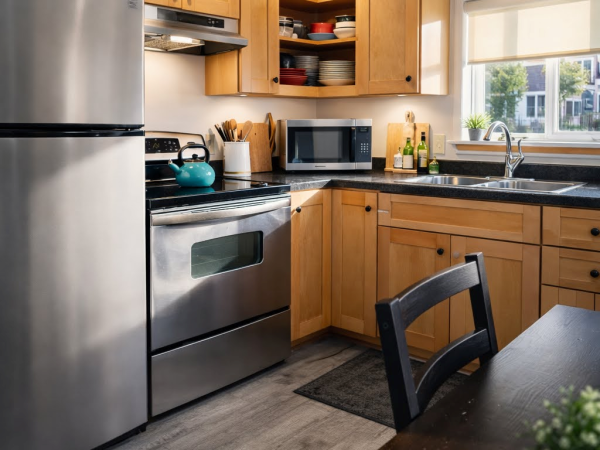 A modern L-shaped kitchen with stainless steel appliances, light wood cabinets, a microwave, kettle, and a small dining table with a bowl of apples, all under warm lighting.