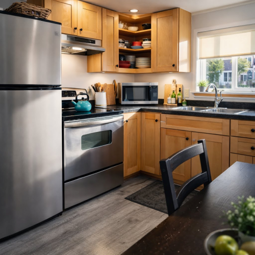 A bright, modern kitchen with stainless steel appliances, wooden cabinets, a small dining table, and leafy greens on the counter, neat and cozy.