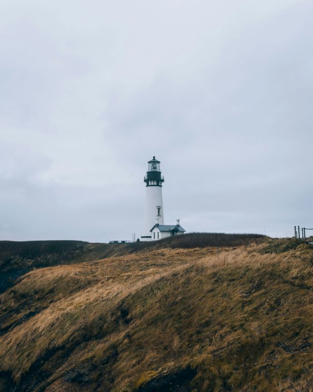 A lone lighthouse sits atop a grassy bluff, overlooking a misty coastline, stark against a pale sky.