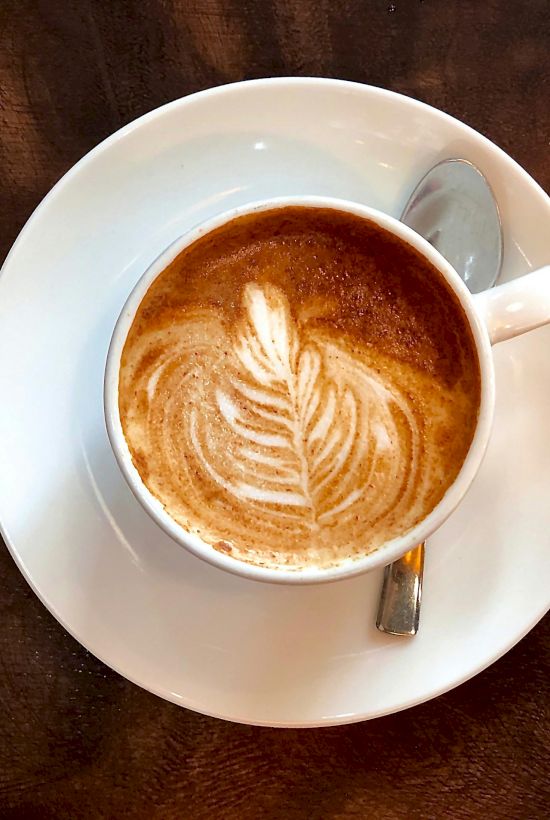 Cup of latte with leaf latte art on frothy milk, on a white saucer and dark wooden table.